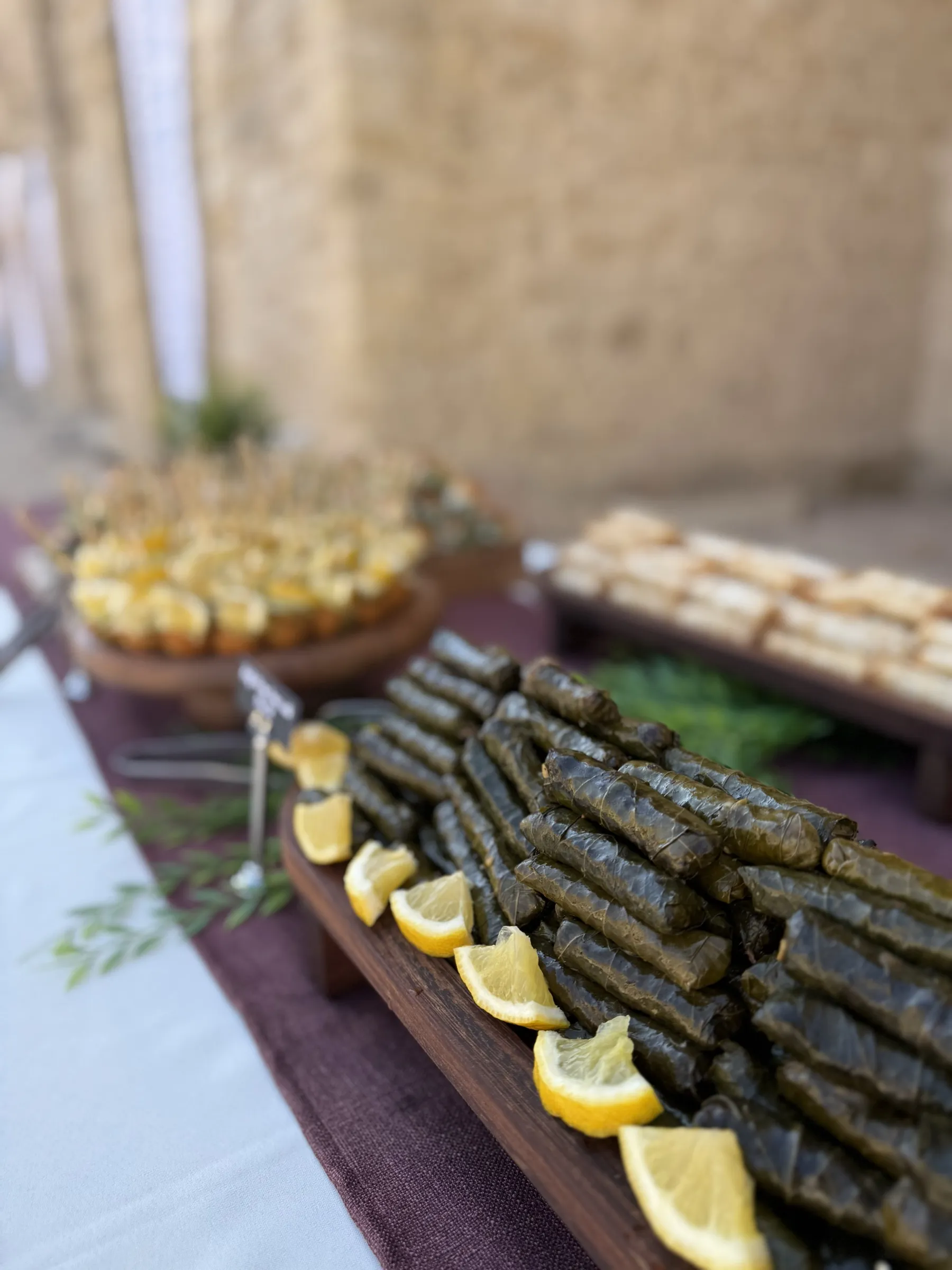 Ahşap tabakta limonlu zeytinyağlı sarma